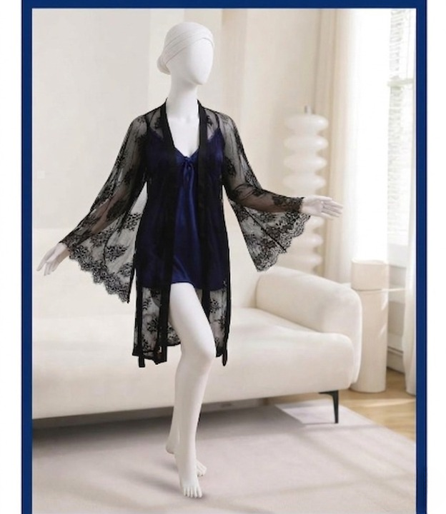 1 Pc Silk Satin Bow - 2 Pcs Premium Silk Lace - 2-Piece Women's Sleepwear Set
