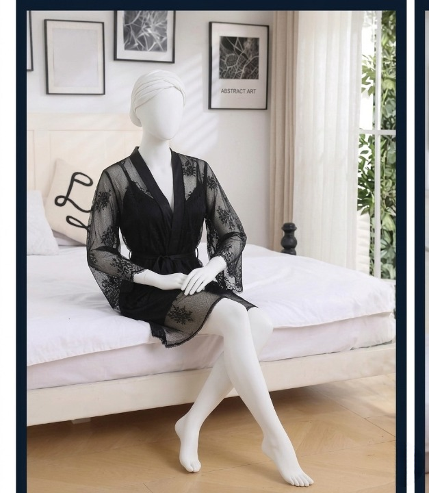 1 Pc Silk Satin Bow - 2 Pcs Premium Silk Lace - 2-Piece Women's Sleepwear Set