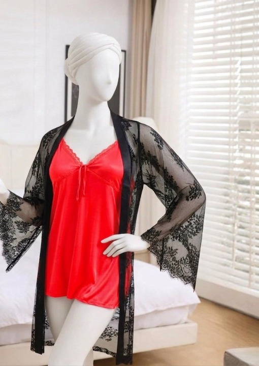 1 Pc Silk Satin Bow - 2 Pcs Premium Silk Lace - 2-Piece Women's Sleepwear Set