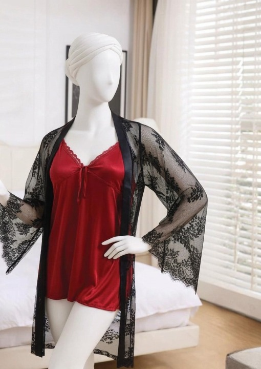 1 Pc Silk Satin Bow - 2 Pcs Premium Silk Lace - 2-Piece Women's Sleepwear Set