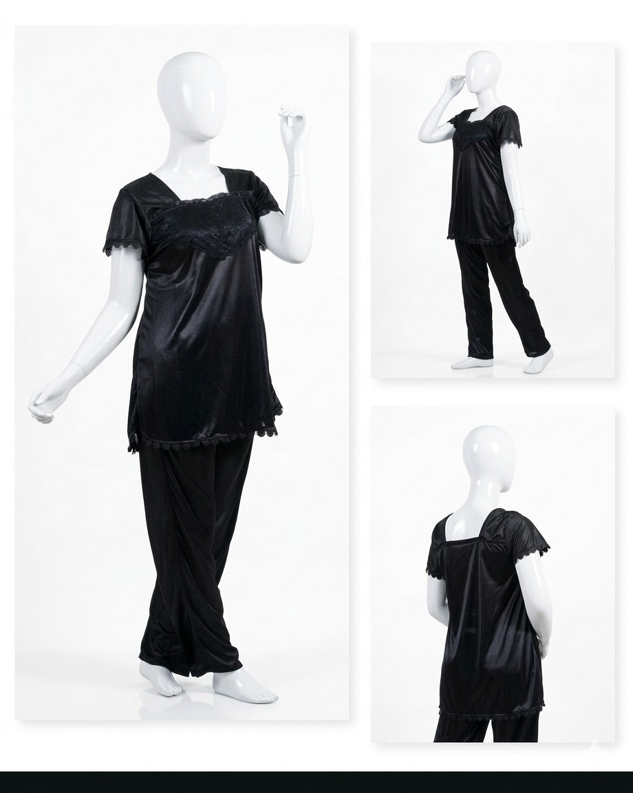 1 Pc Silk Satin Bow - 2 Pcs Premium Silk Lace - 2-Piece Women's Sleepwear Set