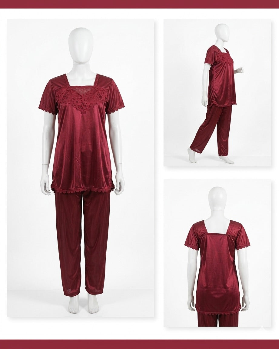 1 Pc Silk Satin Bow - 2 Pcs Premium Silk Lace - 2-Piece Women's Sleepwear Set