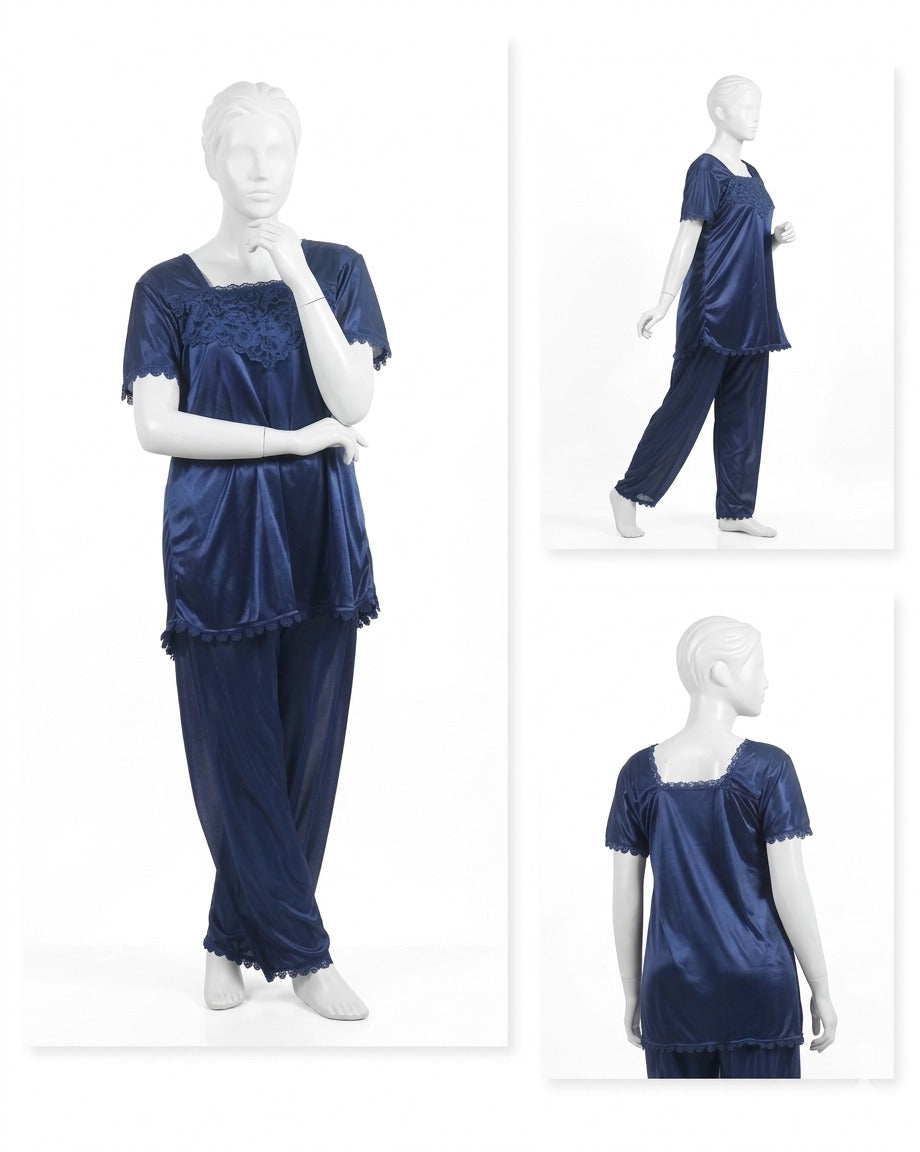 1 Pc Silk Satin Bow - 2 Pcs Premium Silk Lace - 2-Piece Women's Sleepwear Set