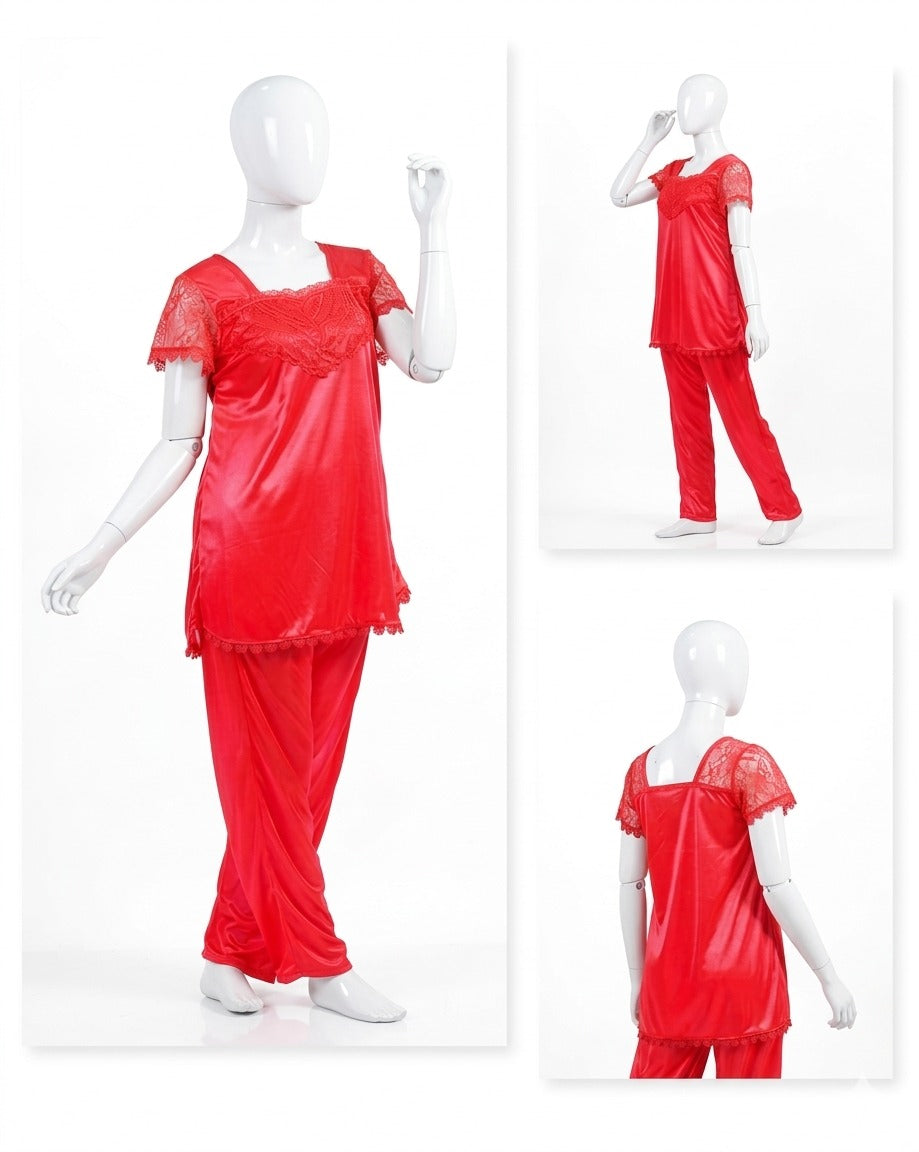 1 Pc Silk Satin Bow - 2 Pcs Premium Silk Lace - 2-Piece Women's Sleepwear Set
