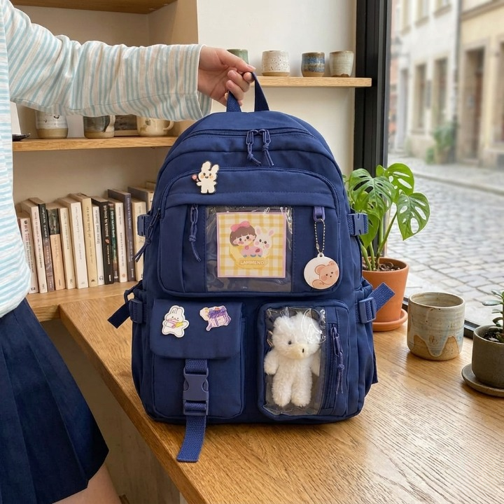 Cute Women Backpack Multi Pocket Canvas School Bag