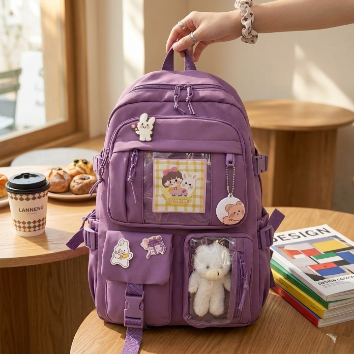 Cute Women Backpack Multi Pocket Canvas School Bag