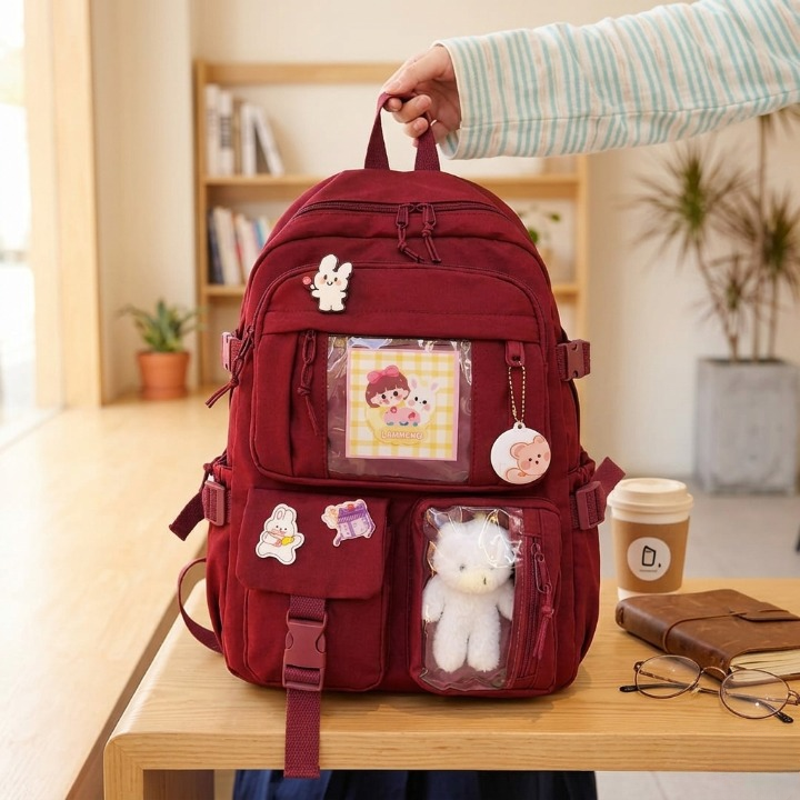 Cute Women Backpack Multi Pocket Canvas School Bag